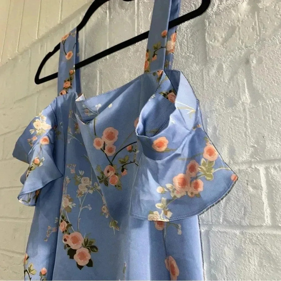 Women’s Size Large Too Cold Shoulder Floral Work Top Office Light Blue Soft - Picture 7 of 8